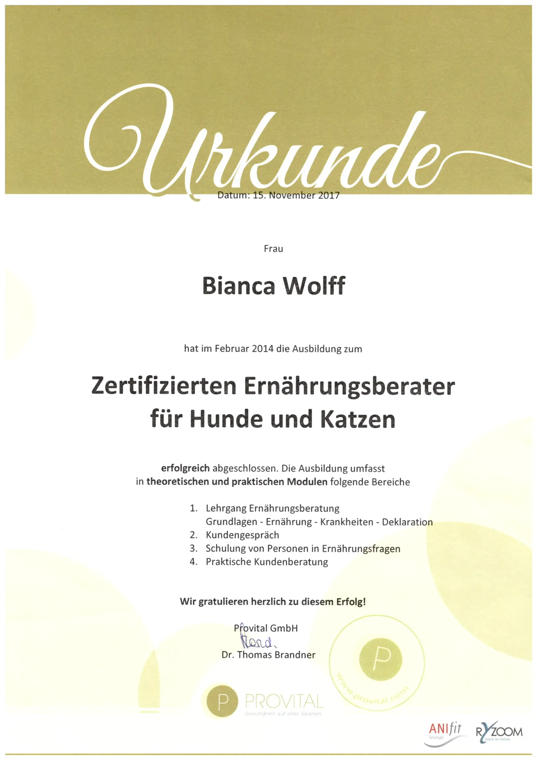 Zertifikat Anifit Ernährungsberatung von Bianca Wolff