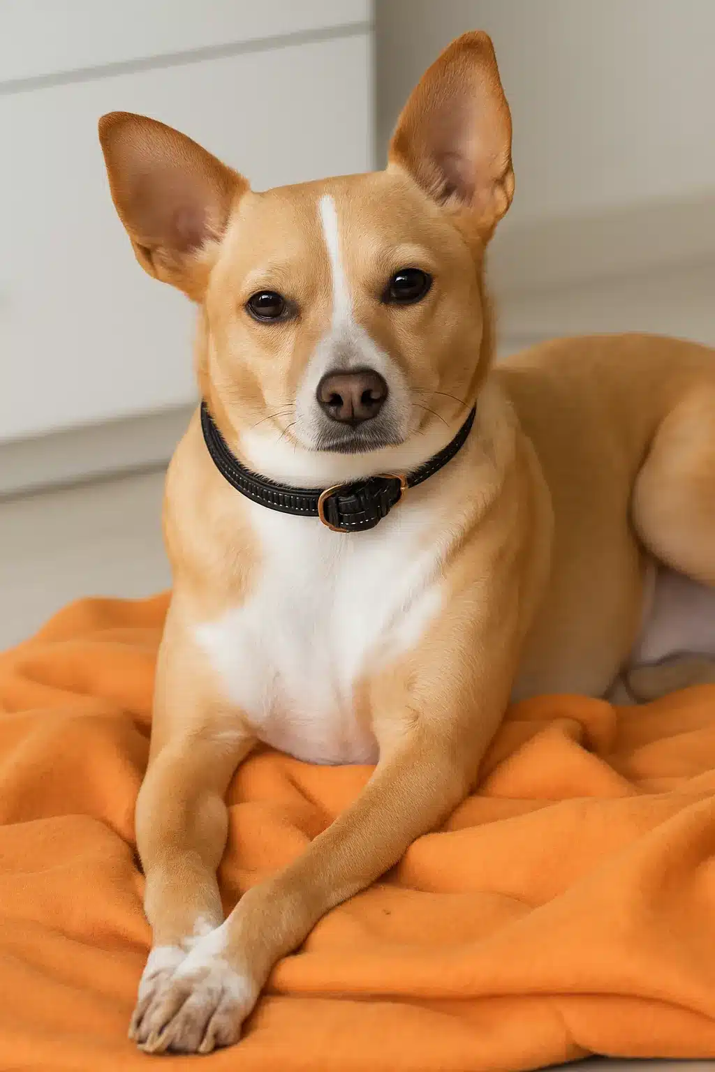 Ein kleiner Hund liegt aufmerksam auf einer orangen Fleecedecke im Wohnzimmer der familiären Hundebetreuung in Hünfelden und blickt direkt in die Kamera.