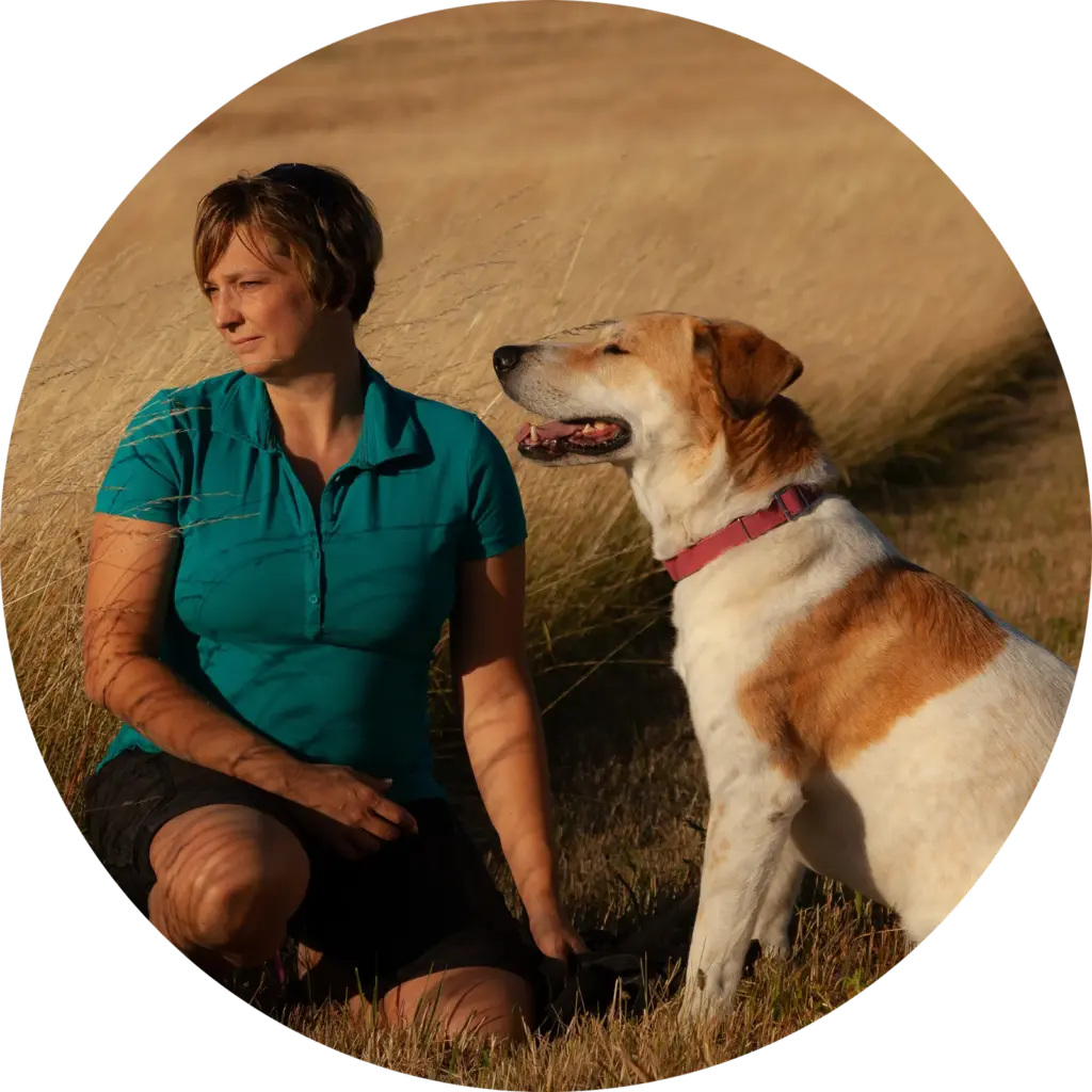 Bianca Wolff (Inhaberin Hundepension) steht mit einem Gasthund in der goldenen Abendsonne am Mensfelder Kopf bei Hünfelden und blickt gemeinsam mit ihm in die Ferne.