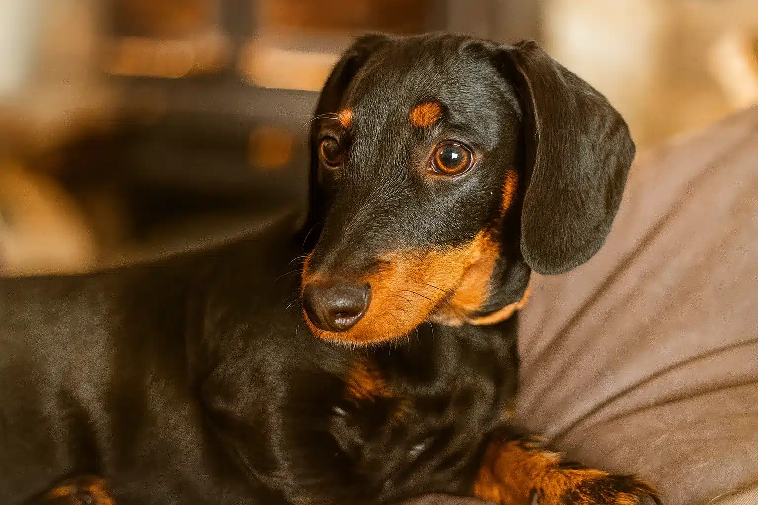 Ein kleiner Dackel liegt aufmerksam in einem gemütlichen Körbchen in der familiären Hundebetreuung in Hünfelden.