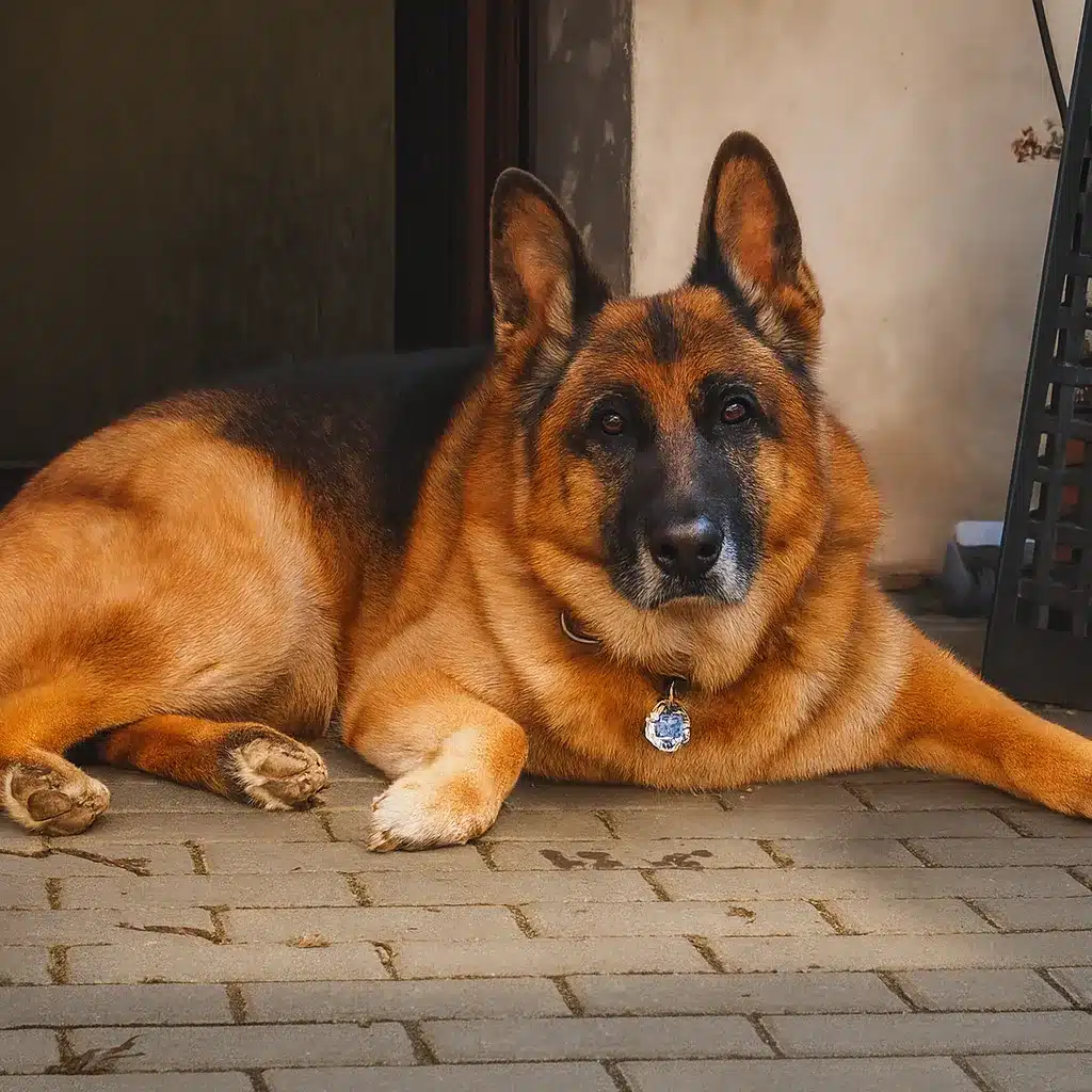 Ein Schäferhund liegt entspannt im Hof vor der Haustür und blickt aufmerksam und sanft in die Kamera. Tagesbetreuung in der Hundepension.